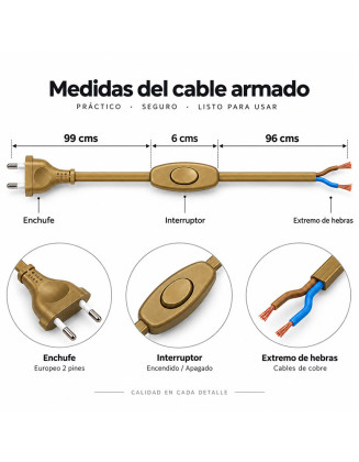 Cable armado 2 metros dorado, con interruptor y enchufe