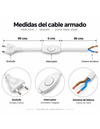 Cable armado 2 metros blanco, con interruptor y enchufe