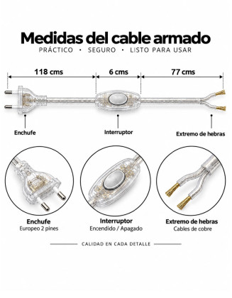 Cable armado 2 metros transparente, con interruptor y enchufe