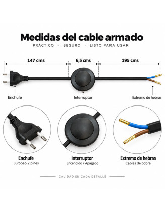 Cable lámpara de pie negro 3,5 m largo, interruptor al piso y enchufe